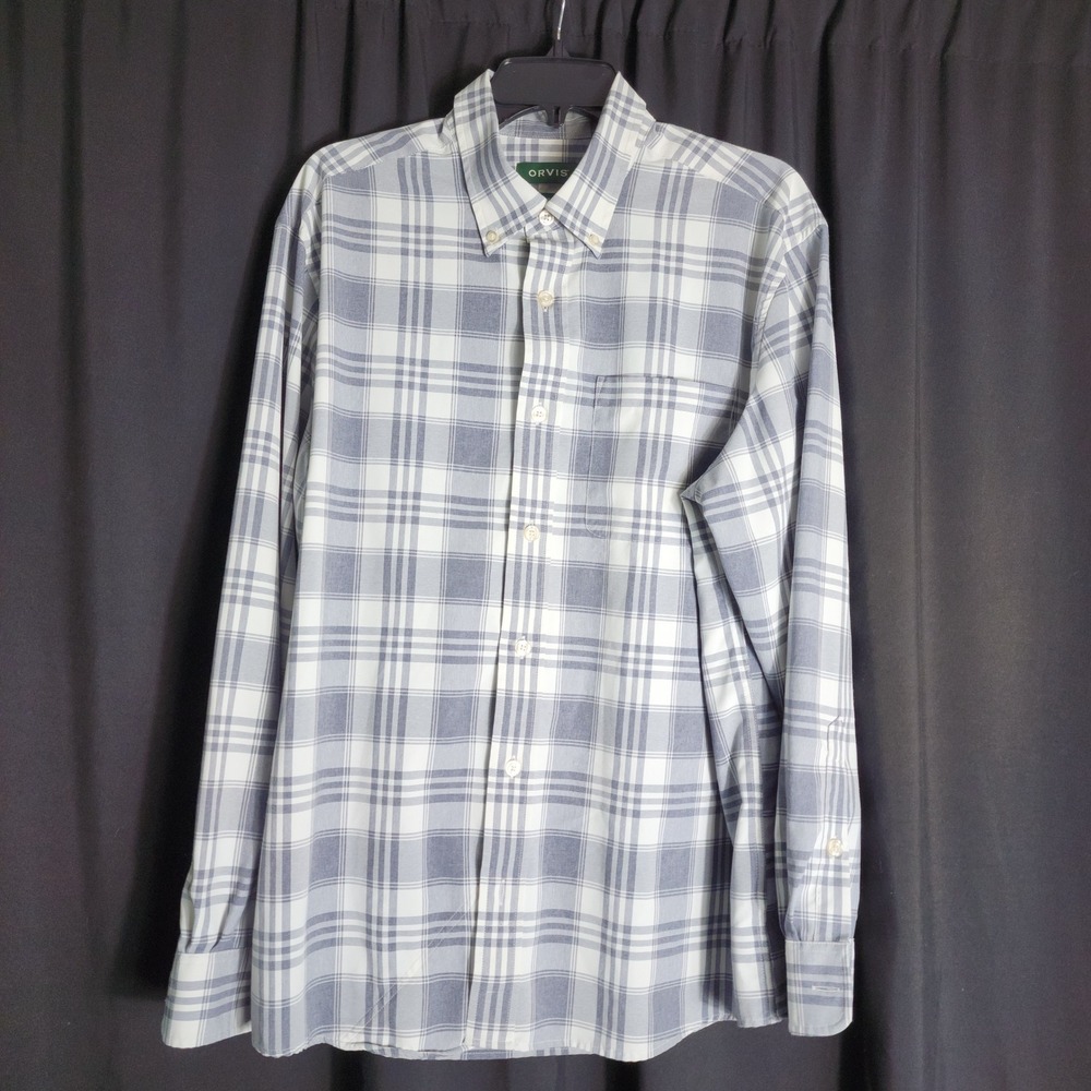 Orvis Mens Active Fit Plaid Button Down Shirt Blue White‎ Long Sleeve Large